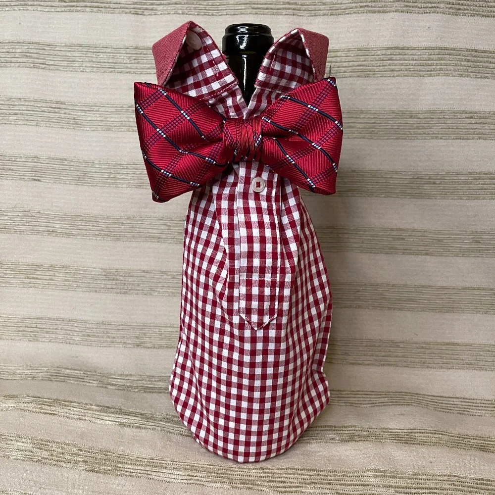 Handcrafted Wine or Liquor Bottle Gift Bag Made From Dress Shirt and Tie